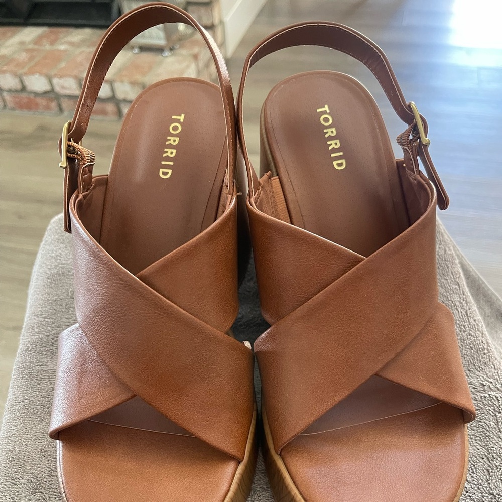 Brown Faux Leather Torrid Strappy Wedge sandals.